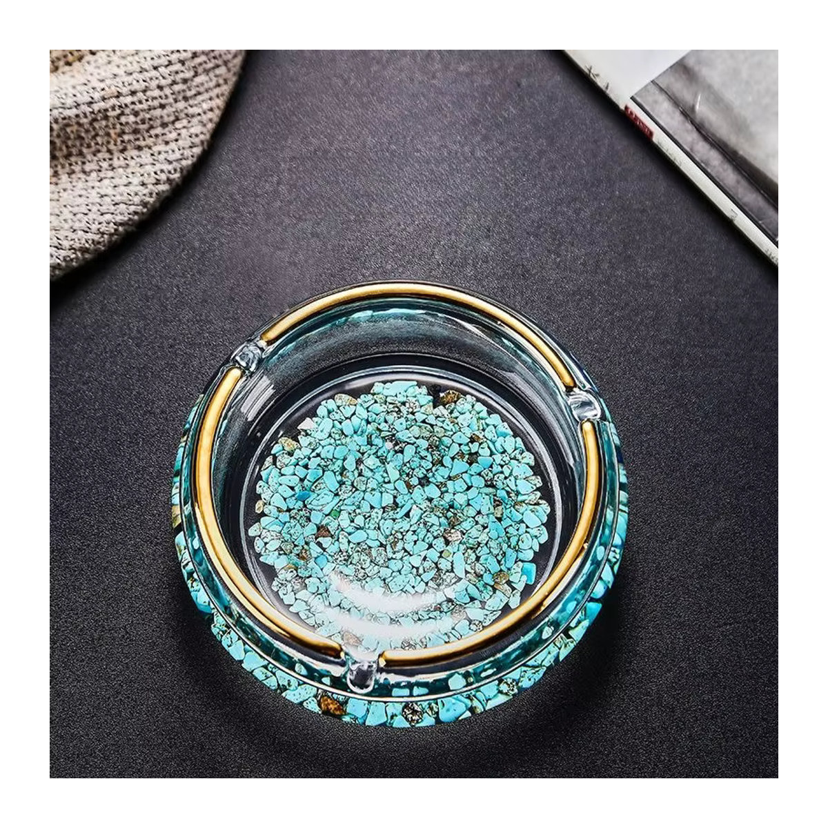 Luxuriöser Kristallglas-Aschenbecher in Blau und Transparent, Rundes Design mit Abstract-Muster für Büro und Zuhause - Bild 4