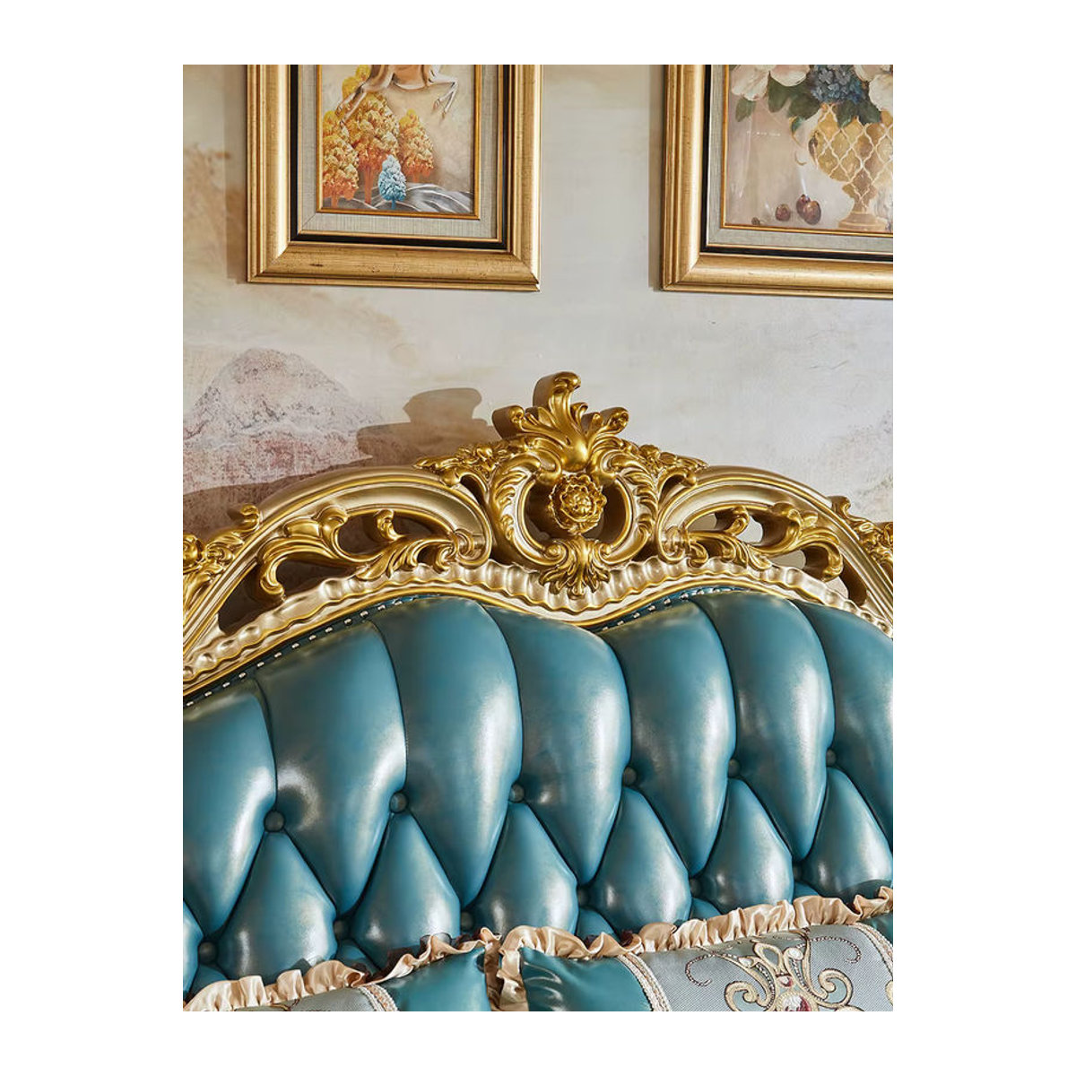 Luxuriöses Ledersofa Consort im französischen Stil aus Massivholz Eiche in Blau und Eiche Natur - Bild 1
