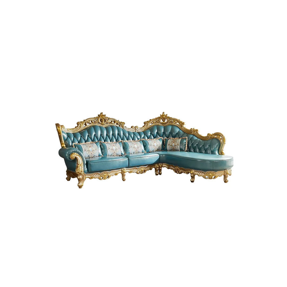 Luxuriöses Ledersofa Consort im französischen Stil aus Massivholz Eiche in Blau und Eiche Natur - Bild 3