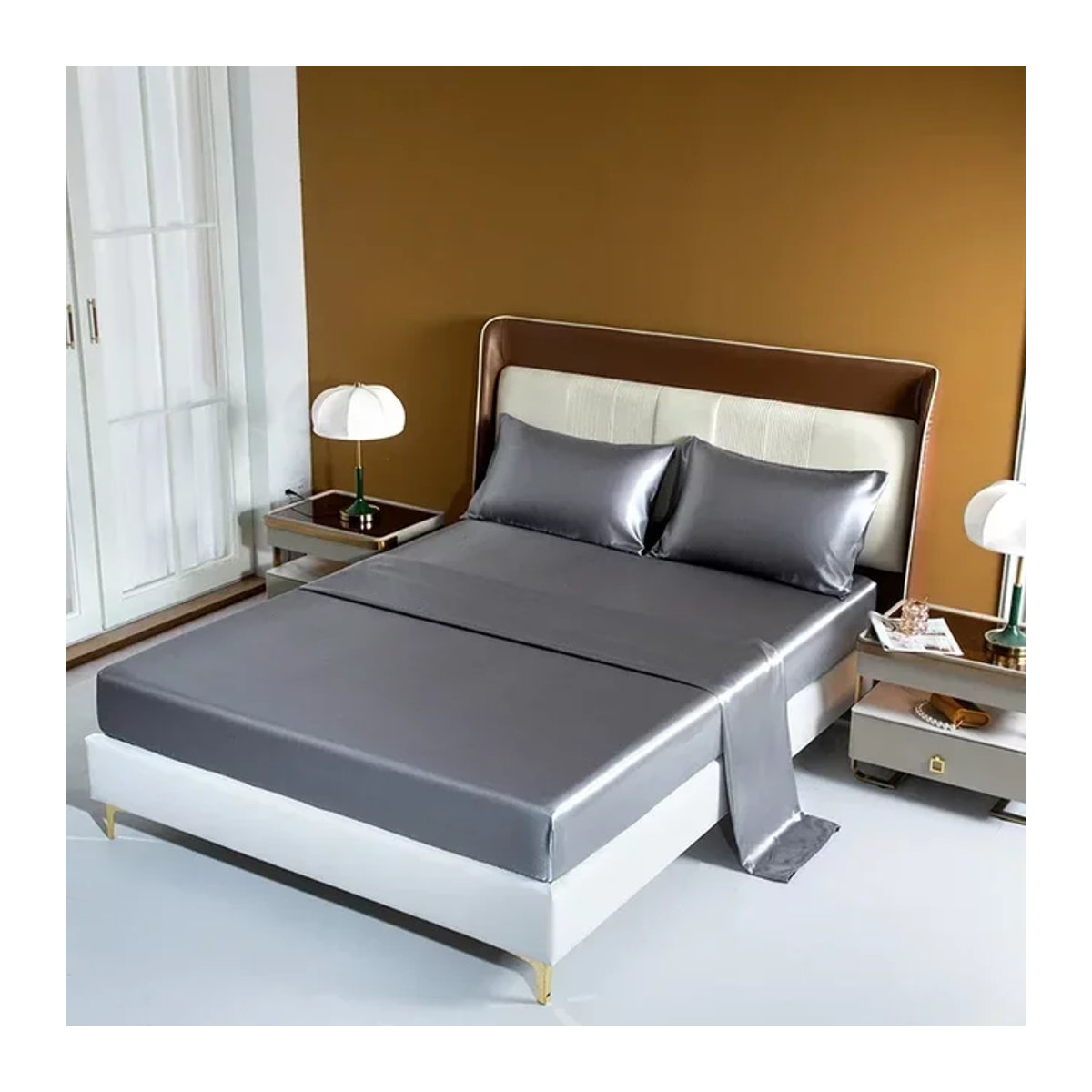 Luxuriöses Satin-Bettwäsche-Set aus Rayon in Weiß oder Grau mit Spannbettlaken - Bild 1
