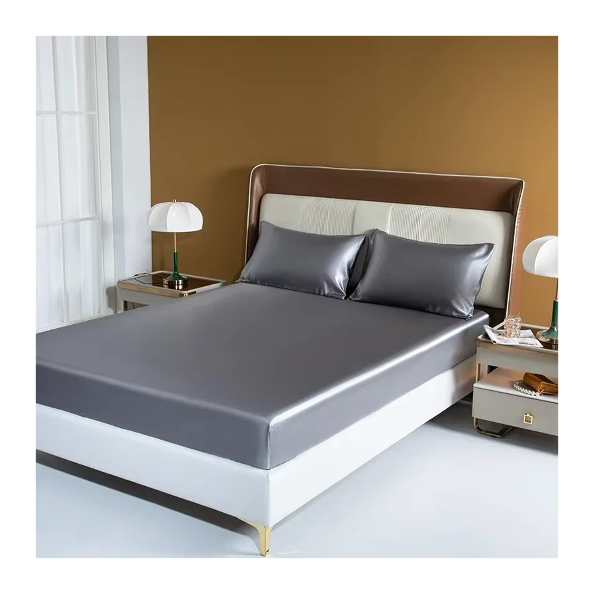Luxuriöses Satin-Bettwäsche-Set aus Rayon in Weiß oder Grau mit Spannbettlaken - Bild 2