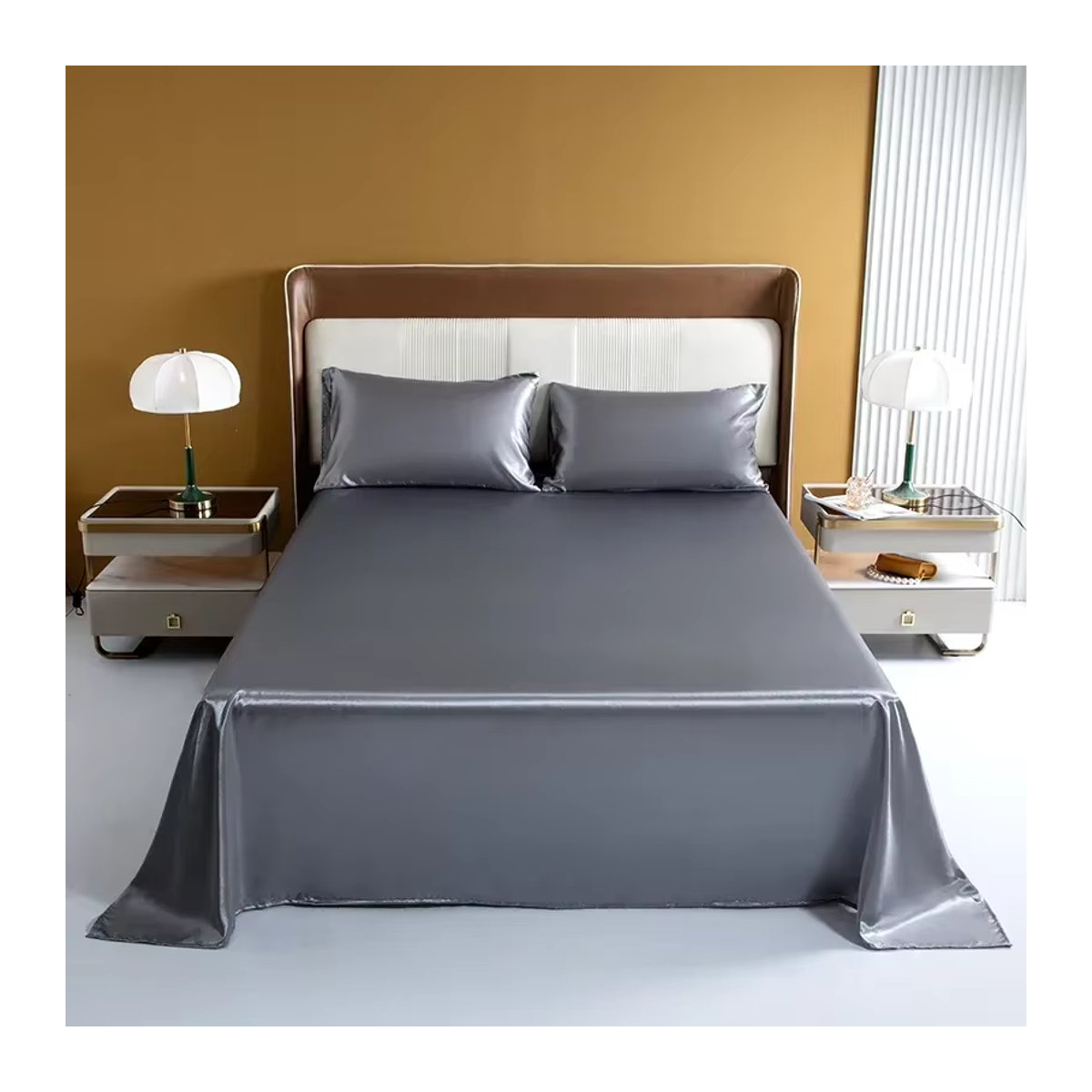 Luxuriöses Satin-Bettwäsche-Set aus Rayon in Weiß oder Grau mit Spannbettlaken - Bild 4