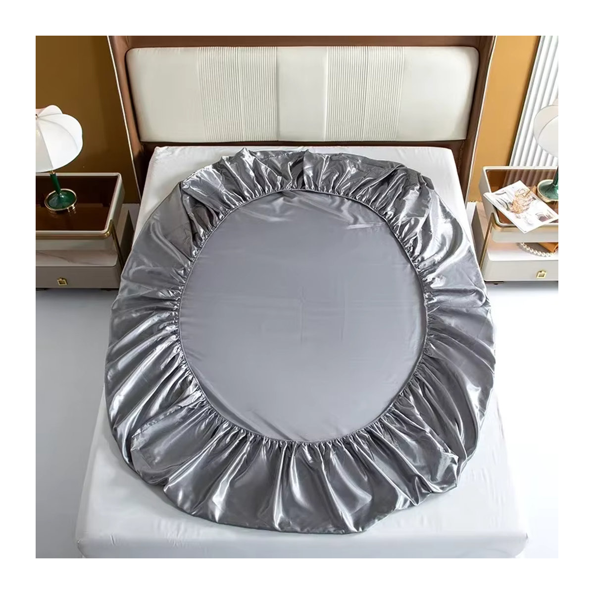 Luxuriöses Satin-Bettwäsche-Set aus Rayon in Weiß oder Grau mit Spannbettlaken - Bild 5