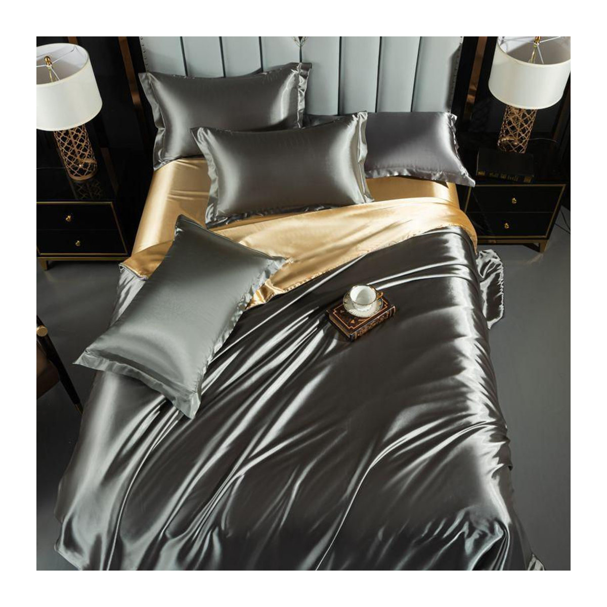Luxuriöses Seidensatin-Bettwäsche-Set von Super Six in Grau, B/H: 150 x 200 cm - Bild 2