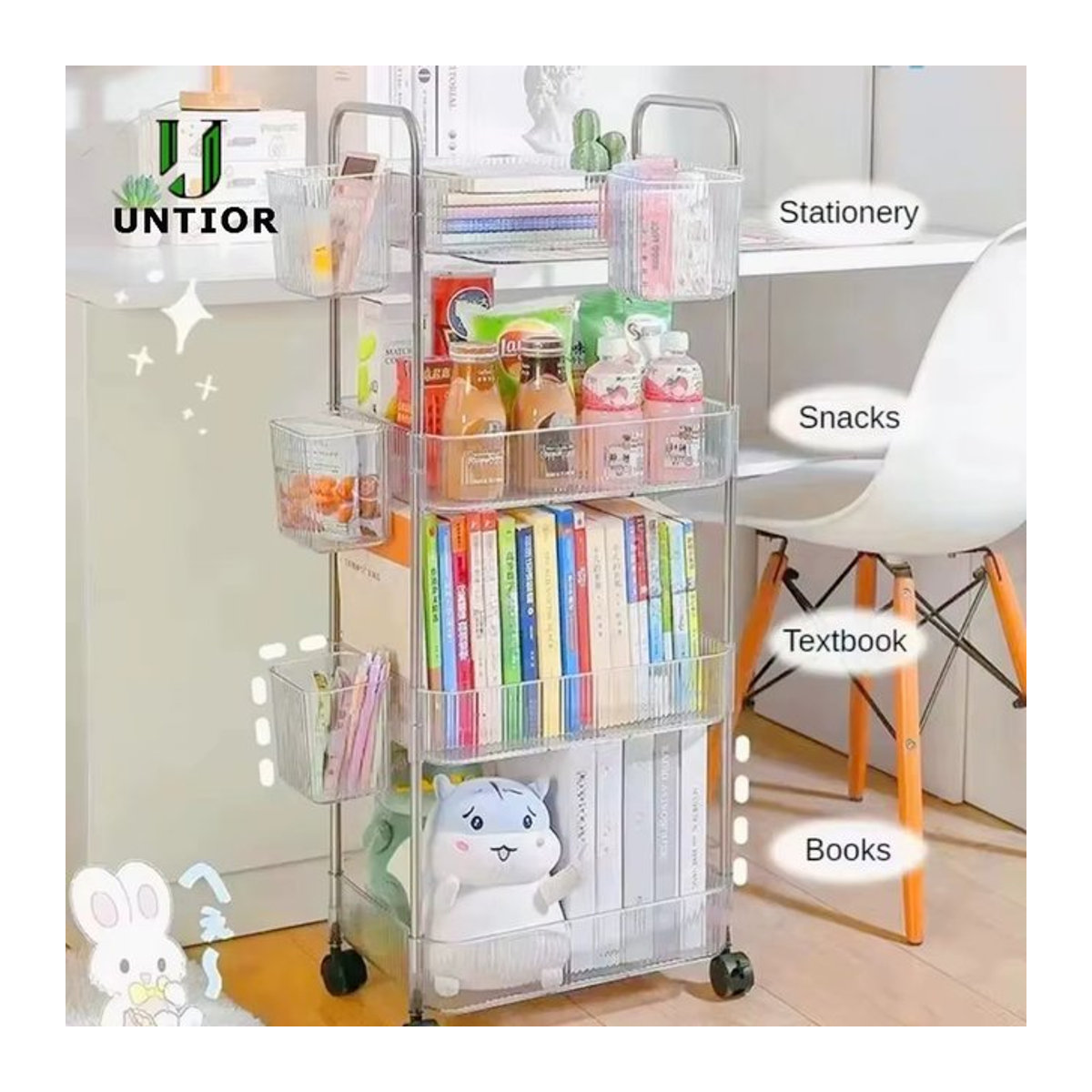 Luxus Acryl Rollwagen mit abnehmbaren Hängekörben, transparenter Etagen-Trolley für Snacks und Bücher, modern und minimalistisch mit Chrom-Details - Bild 1