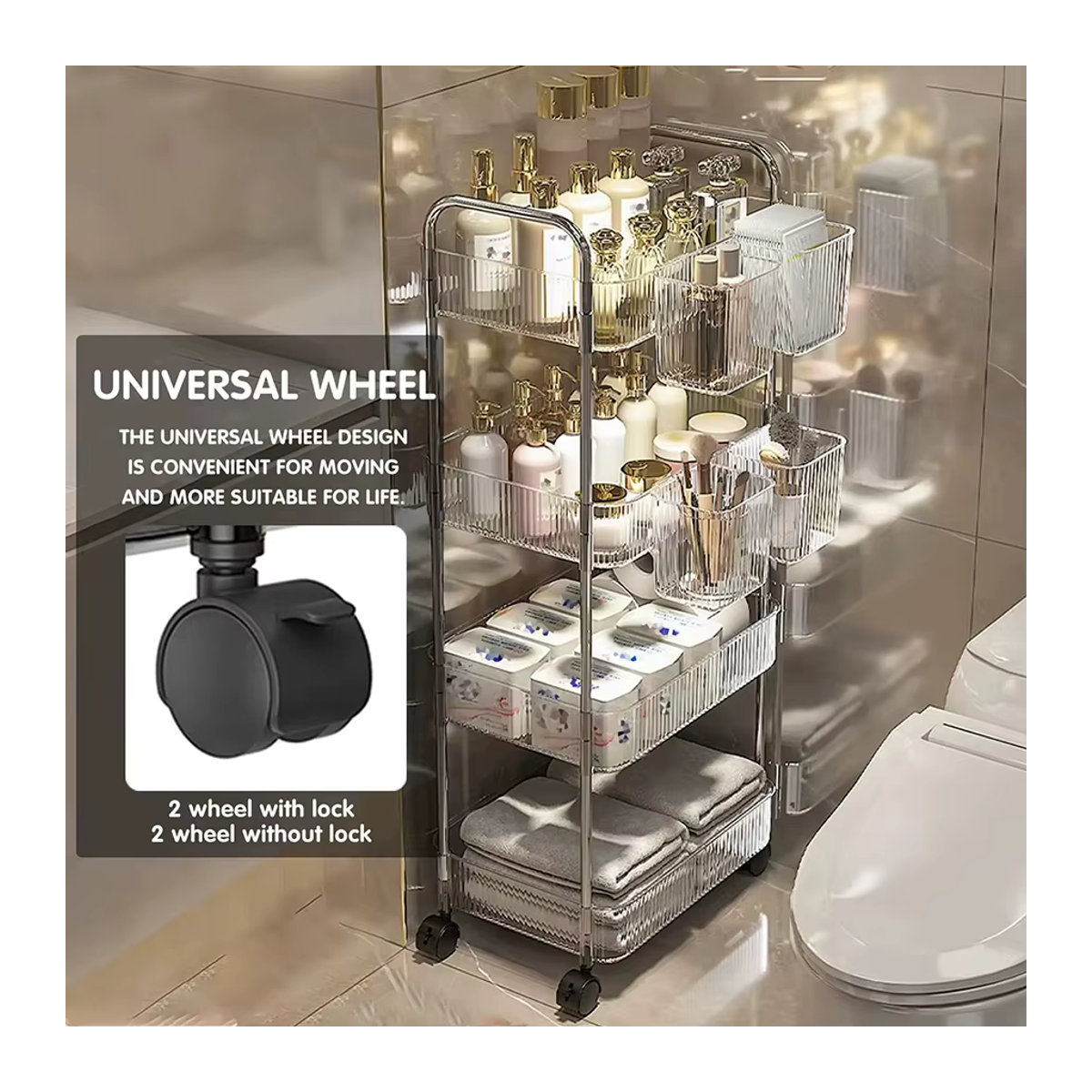 Luxus Acryl Rollwagen mit abnehmbaren Hängekörben, transparenter Etagen-Trolley für Snacks und Bücher, modern und minimalistisch mit Chrom-Details - Bild 3