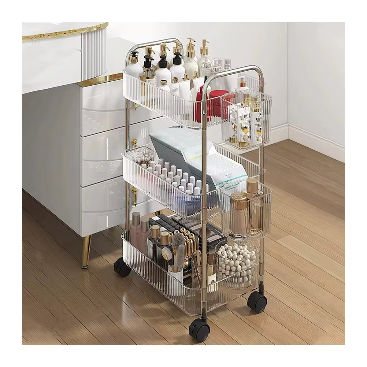 Luxus Acryl Rollwagen mit abnehmbaren Hängekörben, transparenter Etagen-Trolley für Snacks und Bücher, modern und minimalistisch mit Chrom-Details - Bild 5