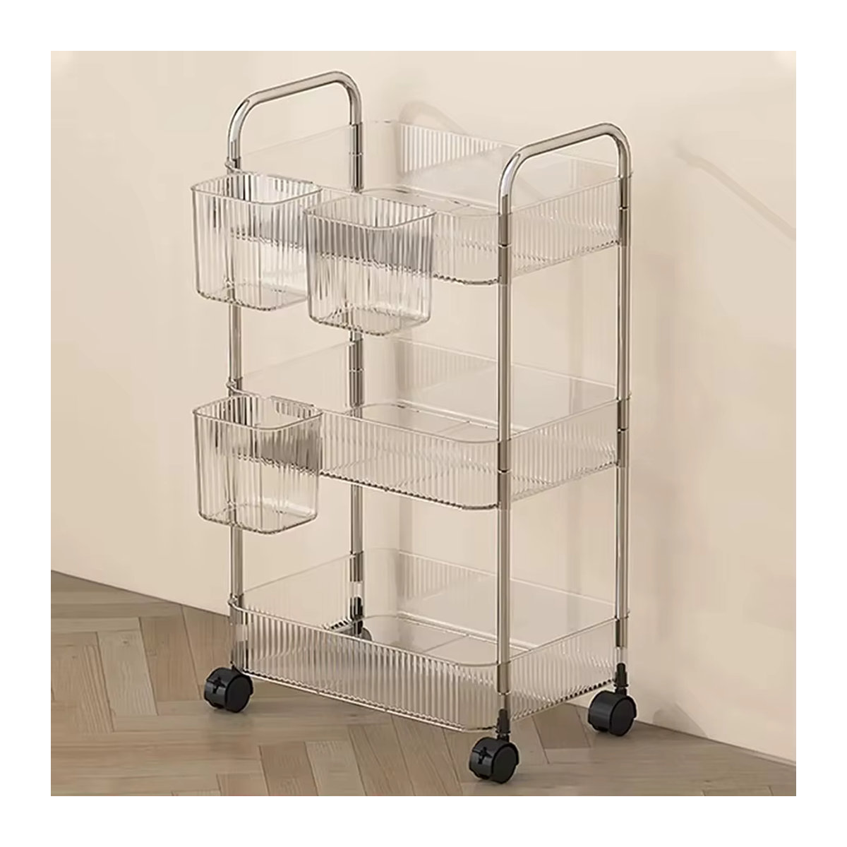 Luxus Acryl Rollwagen mit abnehmbaren Hängekörben, transparenter Etagen-Trolley für Snacks und Bücher, modern und minimalistisch mit Chrom-Details - Bild 6