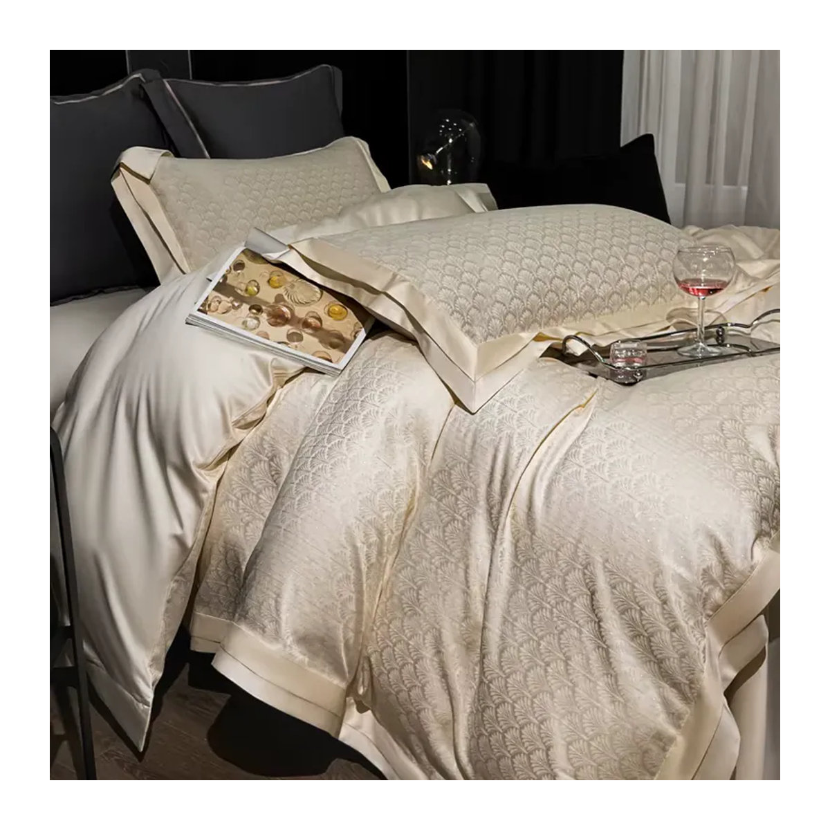 Luxus Bettwäsche Set aus Lyocell und Baumwolle mit Jacquard-Muster in Creme, 4-teilig inklusive Spannbettlaken und Kissenbezügen - Bild 3