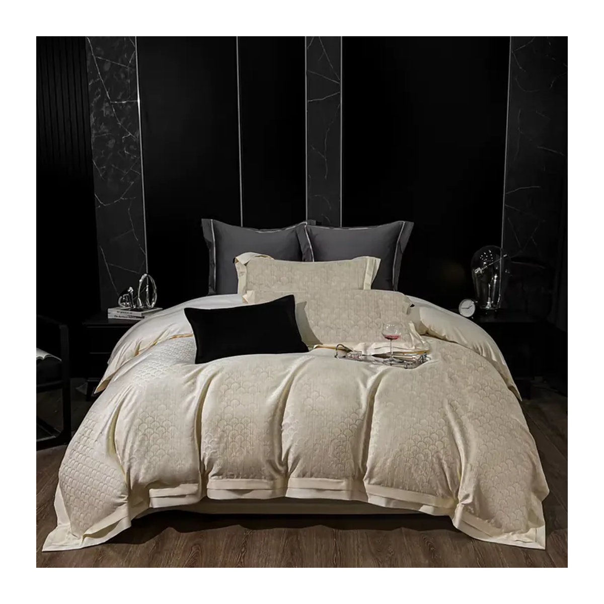 Luxus Bettwäsche Set aus Lyocell und Baumwolle mit Jacquard-Muster in Creme, 4-teilig inklusive Spannbettlaken und Kissenbezügen - Bild 4