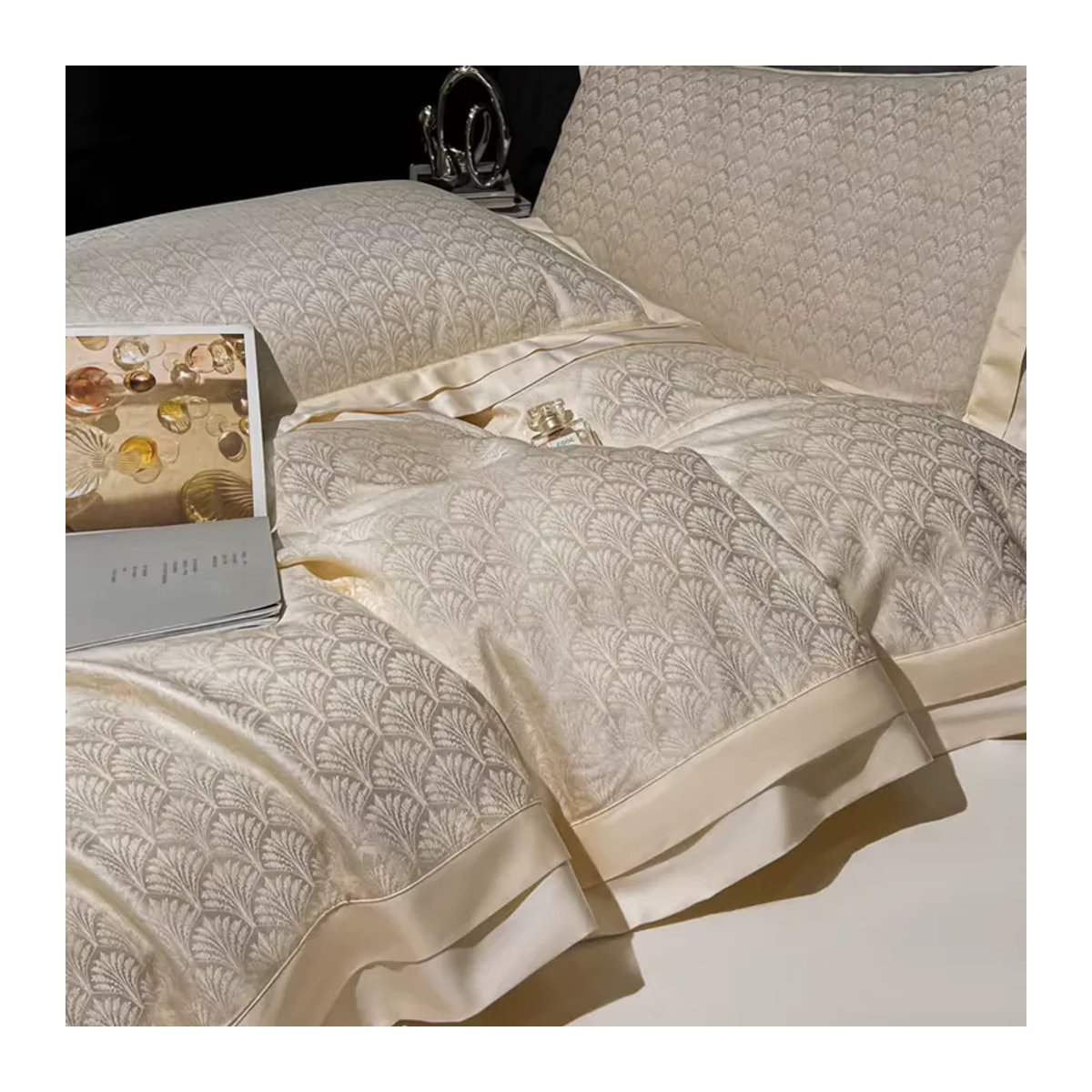 Luxus Bettwäsche Set aus Lyocell und Baumwolle mit Jacquard-Muster in Creme, 4-teilig inklusive Spannbettlaken und Kissenbezügen - Bild 5