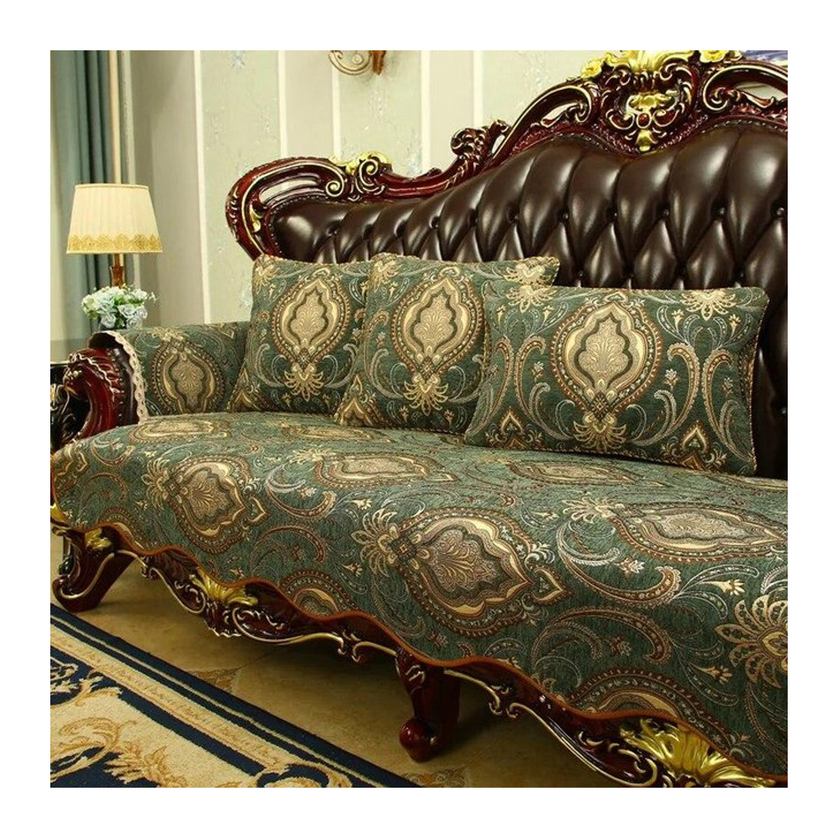 Luxus Jacquard Sofabezug von A Family Of Home Textiles in Grün, rutschfester Couchbezug für 1-4 Sitzer, Breite: 240 cm, Tiefe: 90 cm - Bild 1