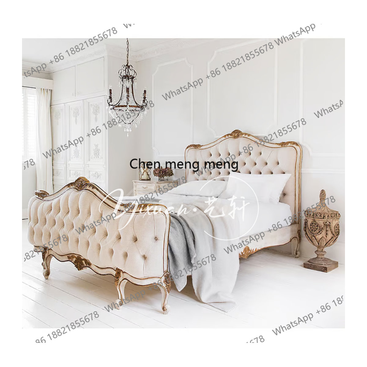 Luxus Massivholzbett im französischen Hofstil mit Polsterung aus Samt und Stauraum, Doppelbett in Weiß und Creme, Breite: 180 cm - Bild 1