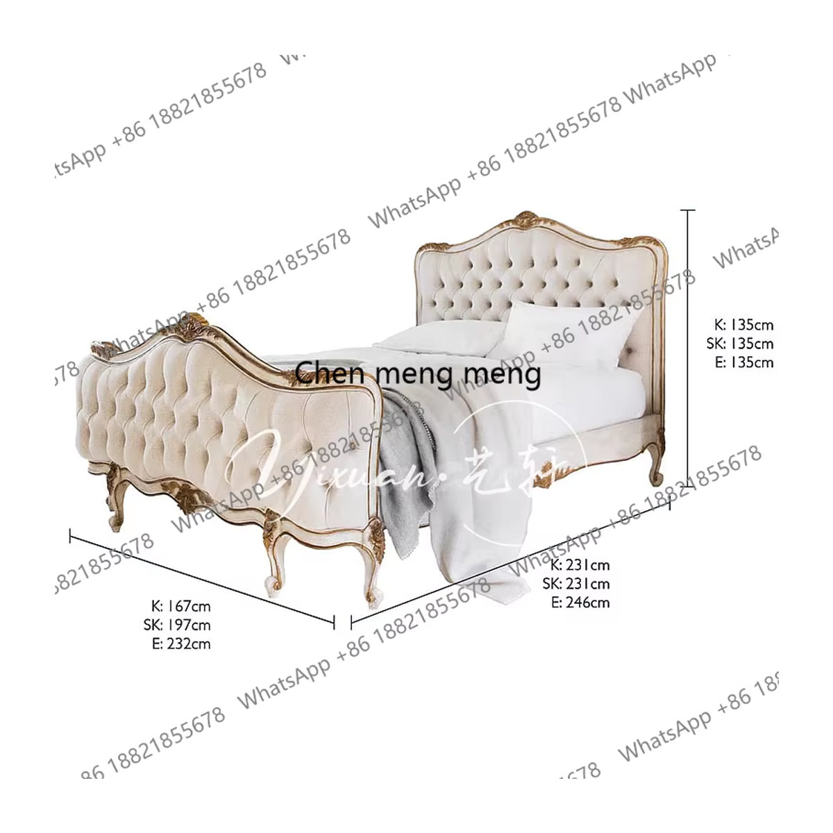 Luxus Massivholzbett im französischen Hofstil mit Polsterung aus Samt und Stauraum, Doppelbett in Weiß und Creme, Breite: 180 cm - Bild 2