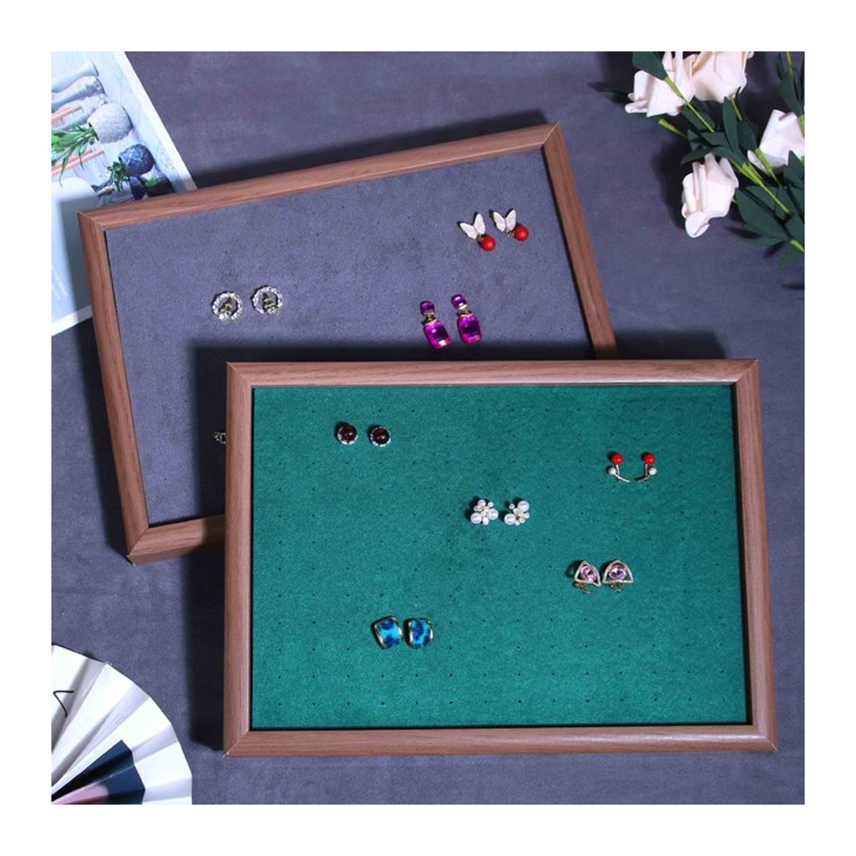 Luxus Schmuck Tablett aus Holz in Beige und Mehrfarbig für Ohrringe und Schmuckdisplay - Bild 1