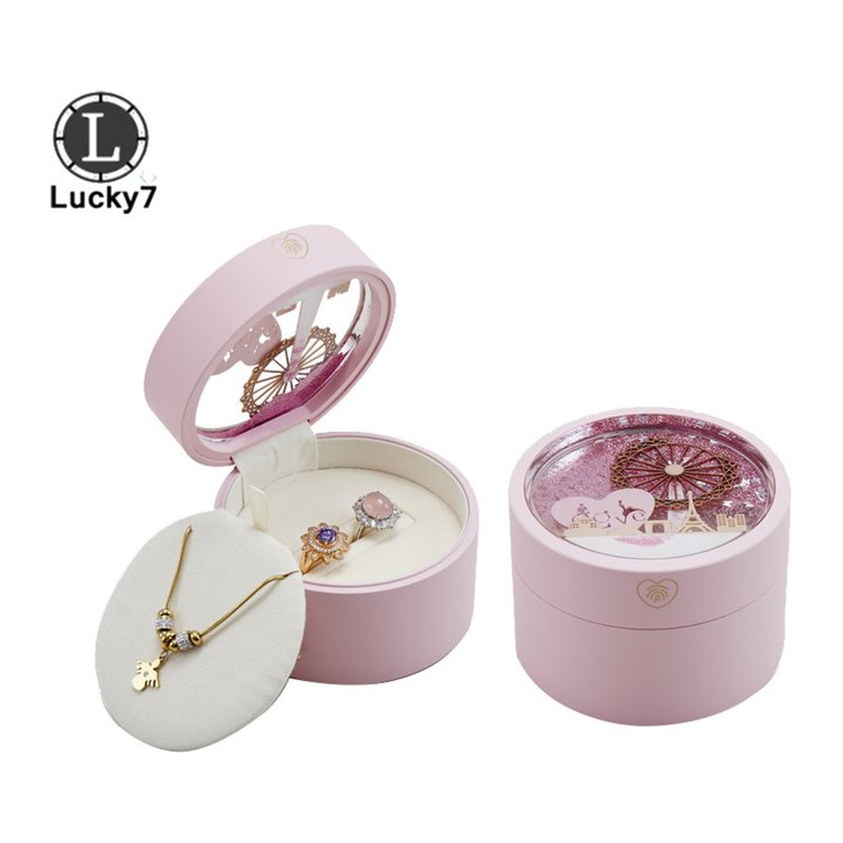 Luxus Schmuckbox von luckyiasv mit LED Induktion Licht und Quicksand Riesenrad Design in Weiß oder Rosa - Bild 1