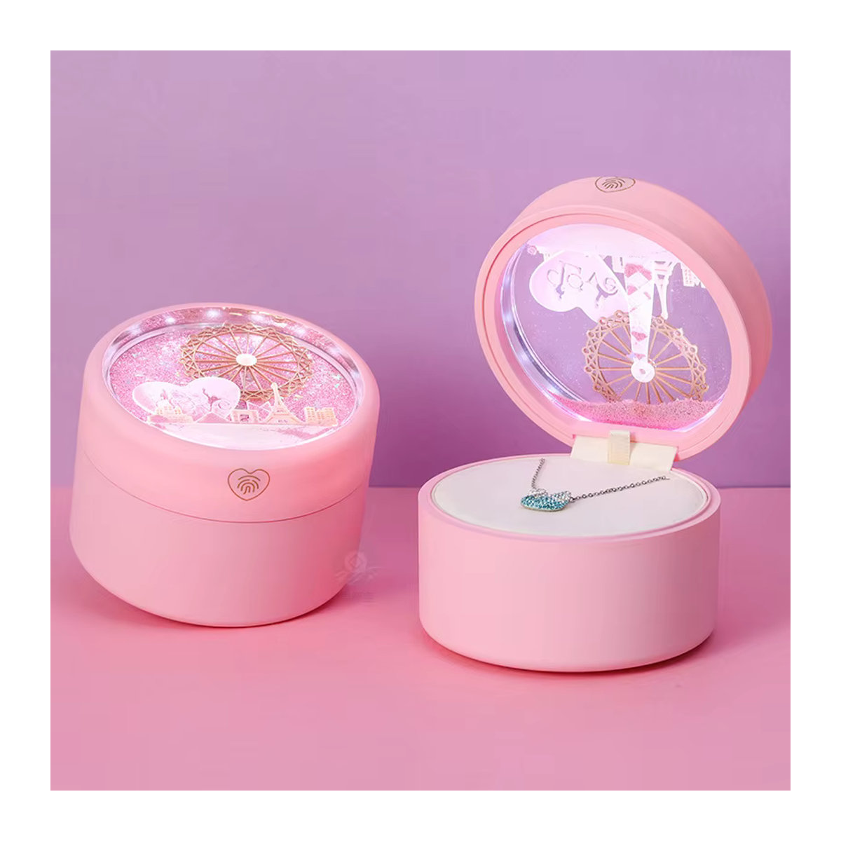 Luxus Schmuckbox von luckyiasv mit LED Induktion Licht und Quicksand Riesenrad Design in Weiß oder Rosa - Bild 2