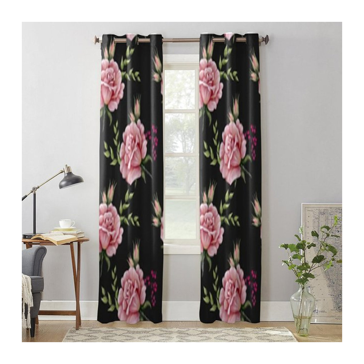 Luxus Vorhang mit Rosenmuster von Binchi Outdoor Equipment in Schwarz, lichtfilternd und beschattend, B: 135 cm, H: 60 cm - Bild 1