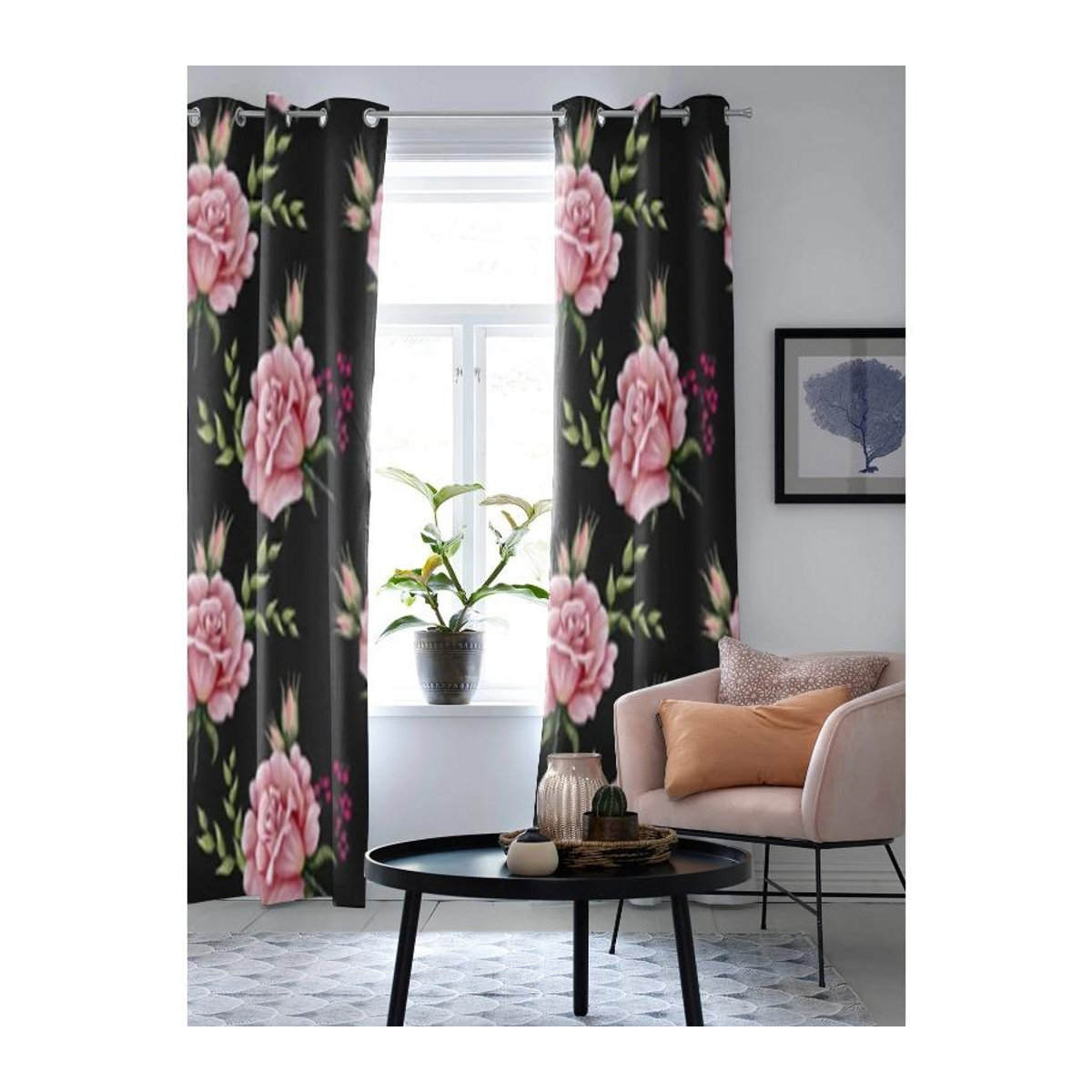 Luxus Vorhang mit Rosenmuster von Binchi Outdoor Equipment in Schwarz, lichtfilternd und beschattend, B: 135 cm, H: 60 cm - Bild 4