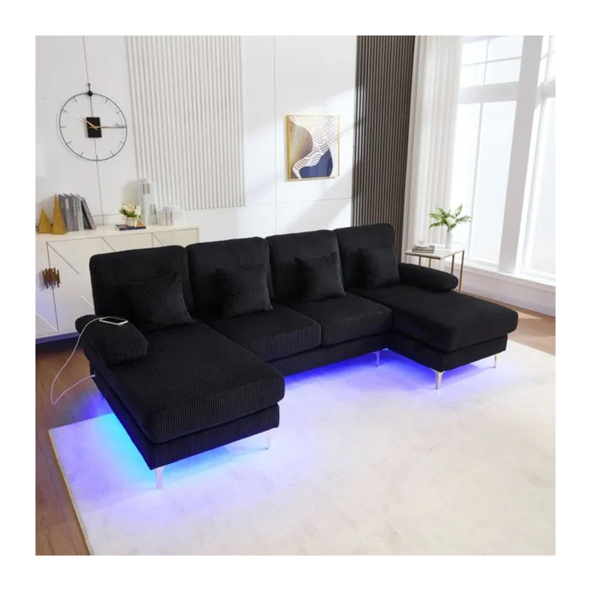 LVHOM Modernes U-förmiges Ecksofa in Schwarz aus Samt mit LED-Beleuchtung, USB-Anschluss und 4 Kissen als Wohnlandschaft - Bild 1