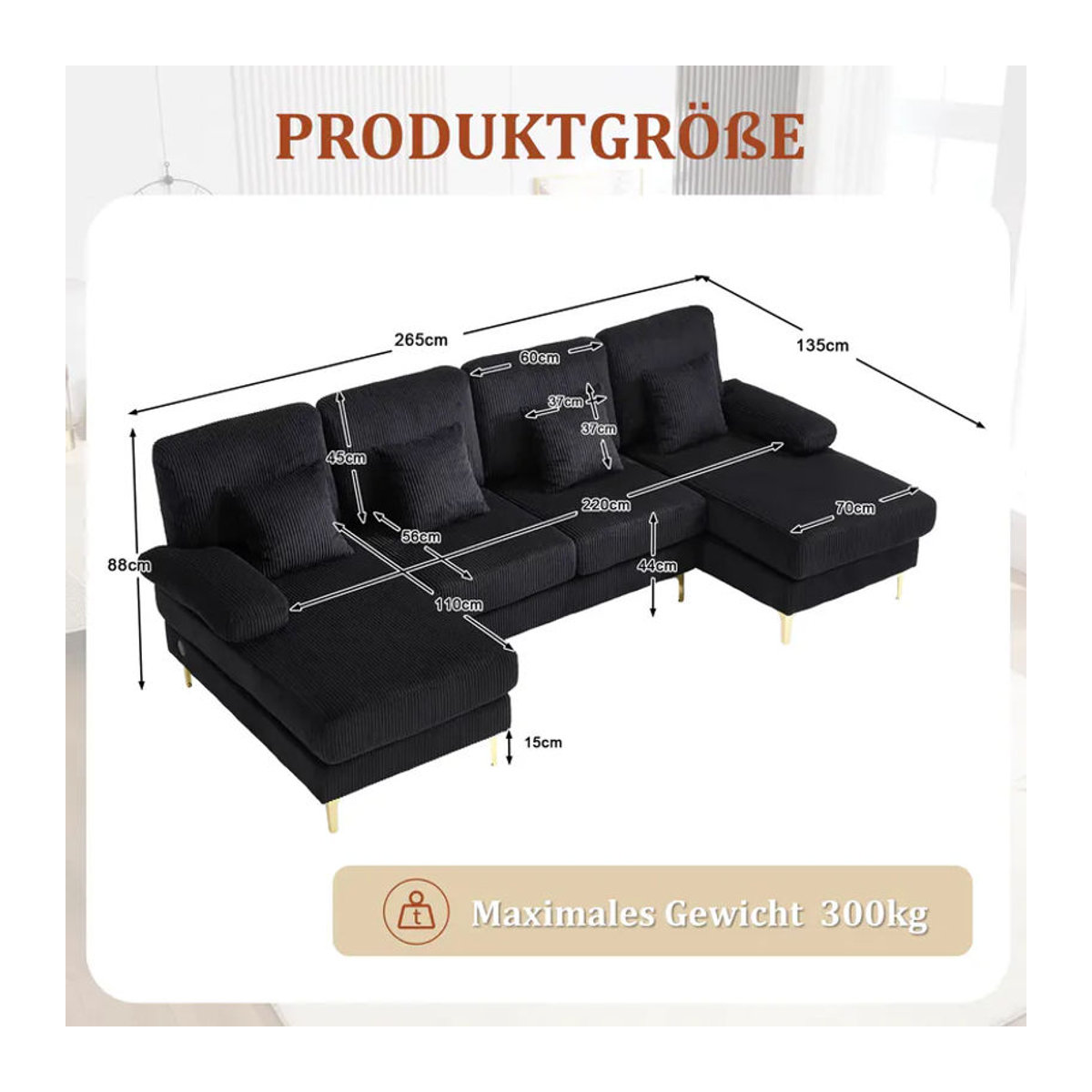 LVHOM Modernes U-förmiges Ecksofa in Schwarz aus Samt mit LED-Beleuchtung, USB-Anschluss und 4 Kissen als Wohnlandschaft - Bild 2