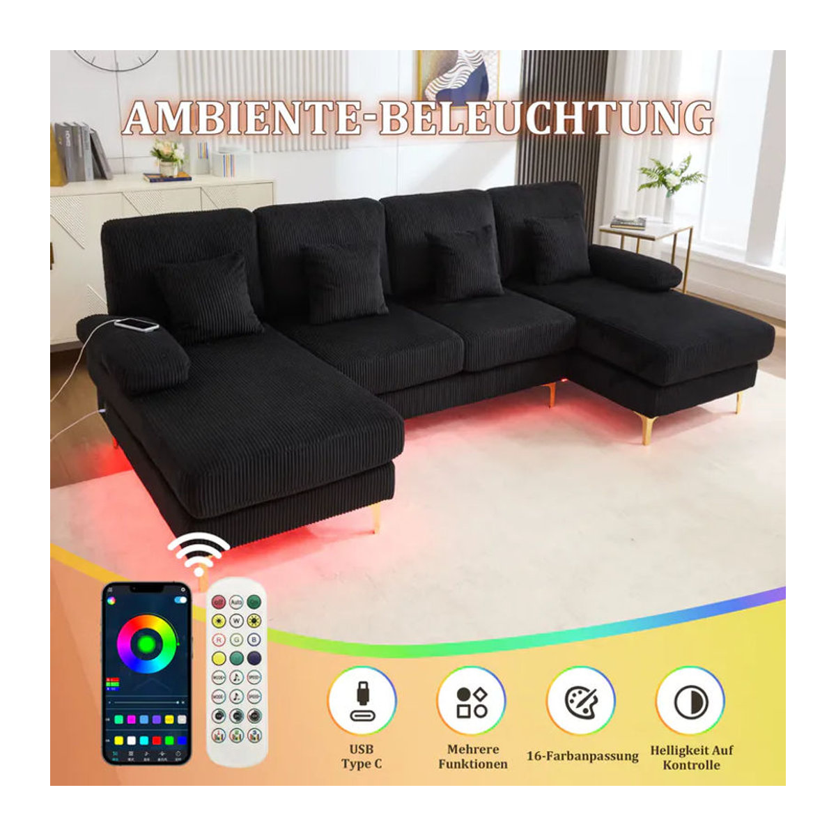 LVHOM Modernes U-förmiges Ecksofa in Schwarz aus Samt mit LED-Beleuchtung, USB-Anschluss und 4 Kissen als Wohnlandschaft - Bild 3