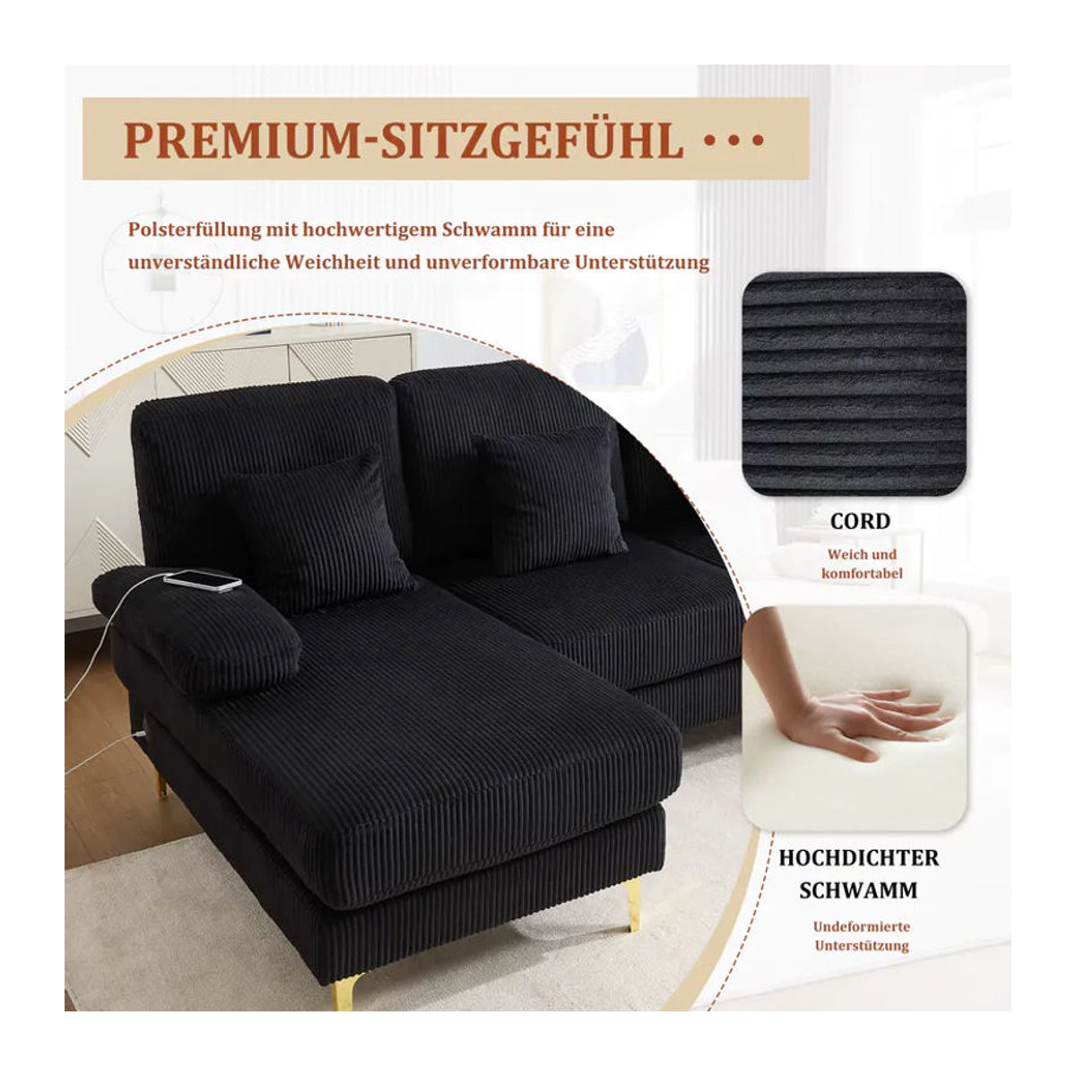 LVHOM Modernes U-förmiges Ecksofa in Schwarz aus Samt mit LED-Beleuchtung, USB-Anschluss und 4 Kissen als Wohnlandschaft - Bild 4