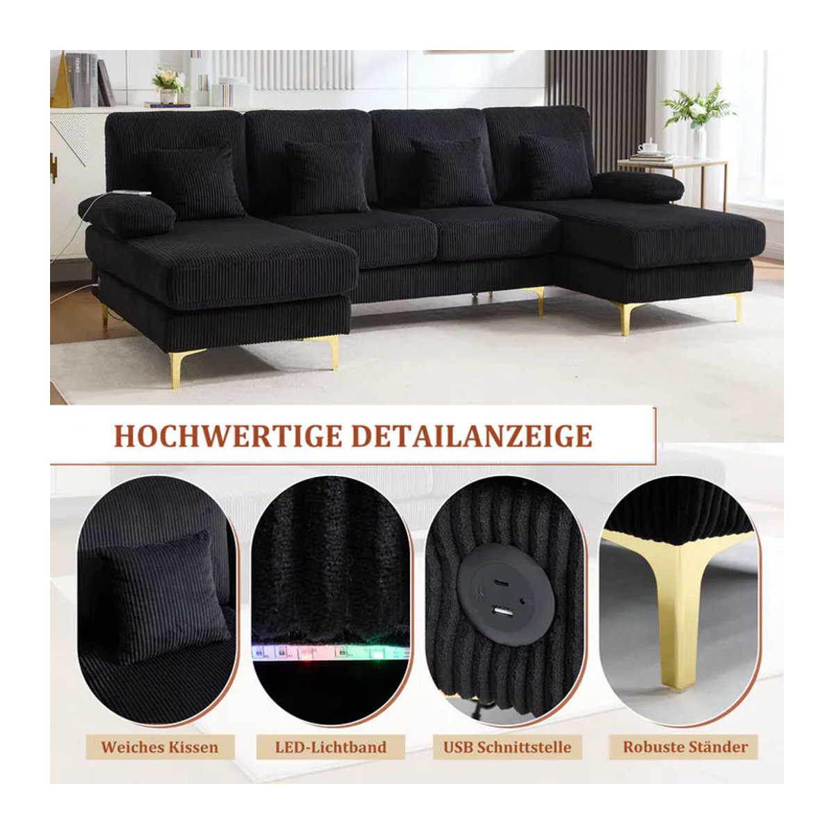 LVHOM Modernes U-förmiges Ecksofa in Schwarz aus Samt mit LED-Beleuchtung, USB-Anschluss und 4 Kissen als Wohnlandschaft - Bild 5