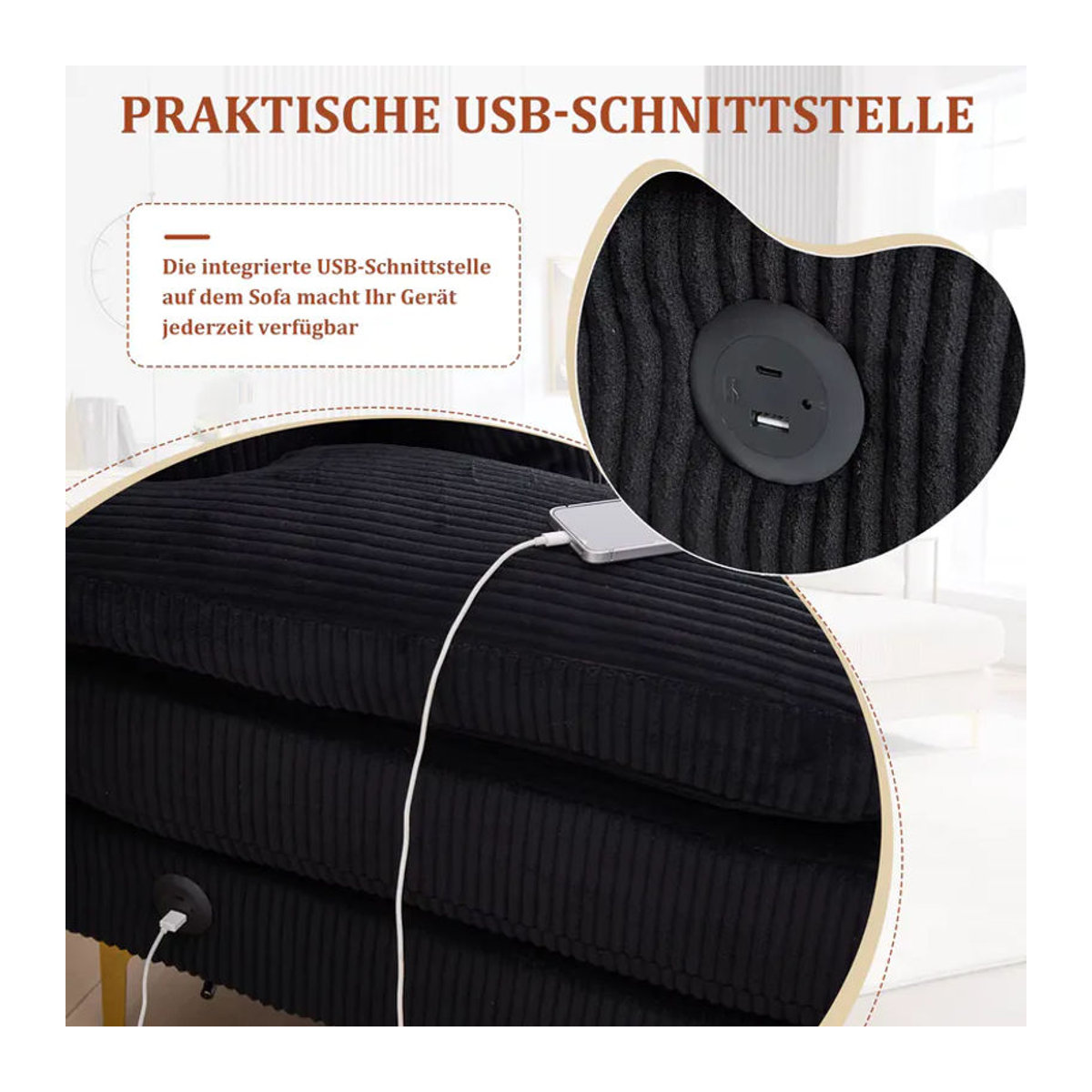 LVHOM Modernes U-förmiges Ecksofa in Schwarz aus Samt mit LED-Beleuchtung, USB-Anschluss und 4 Kissen als Wohnlandschaft - Bild 6