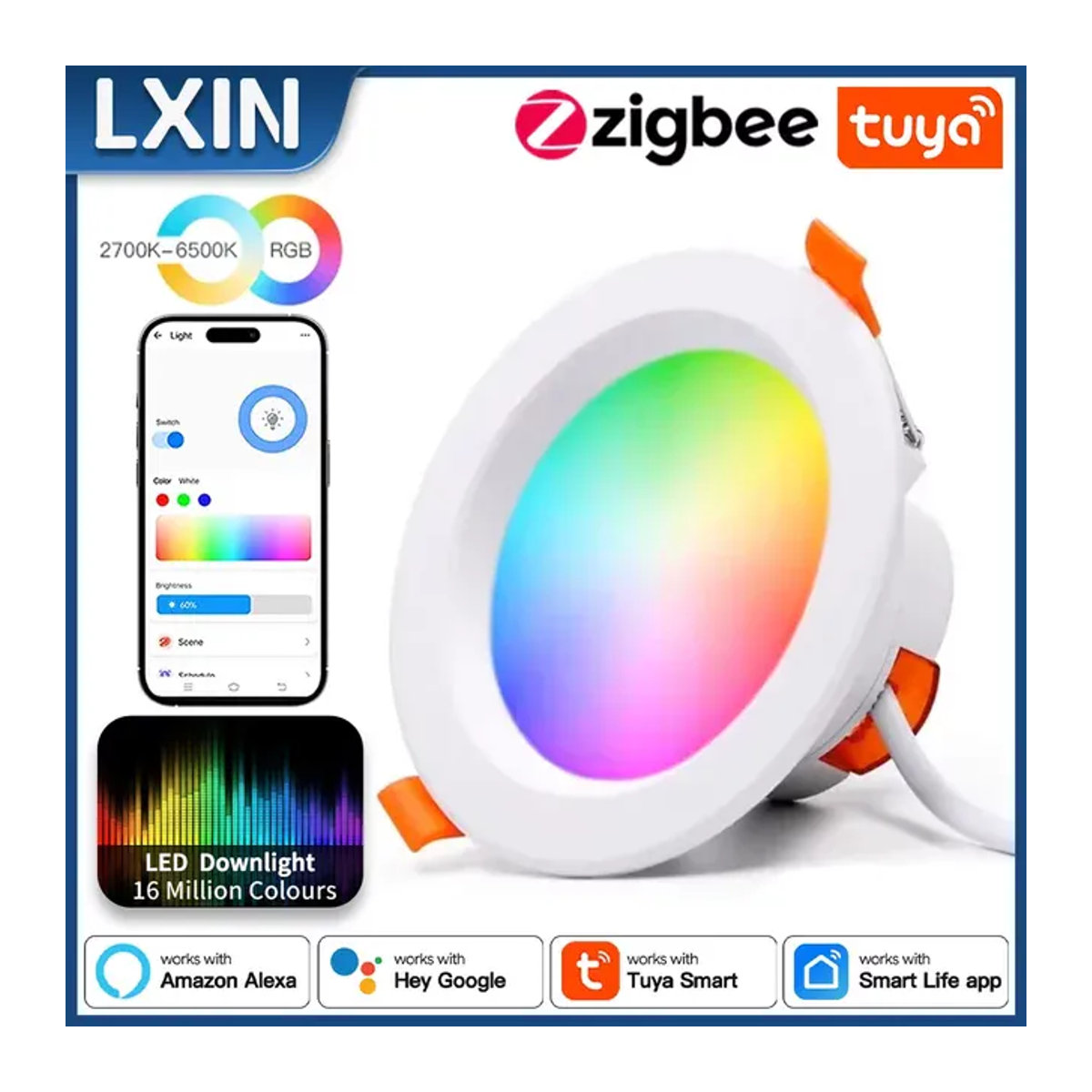 LXIN Smart LED Downlight Zigbee 3.0 Einbaustrahler RGBCW Dimmbar mit Alexa und Google Home, 15W, Bunt und Weiß - Bild 1