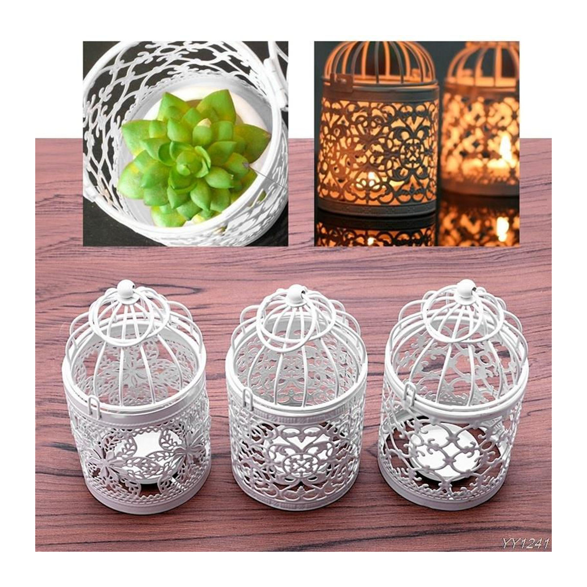 LY Home&Kitchen 050 Hängender Vogelkäfig-Kerzenständer aus Metall in Weiß für Teelicht, Vintage Dekoration für Hochzeit und Weihnachten - Bild 7