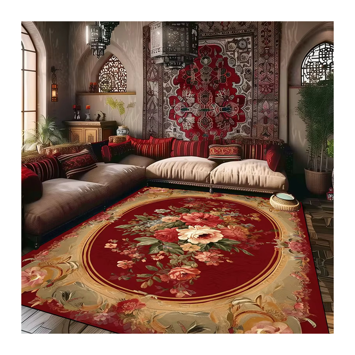 LYAHKAE Wohnzimmerteppich mit Blumenmuster im europäischen Stil, mehrfarbig, rutschfest und saugfähig - Bild 2