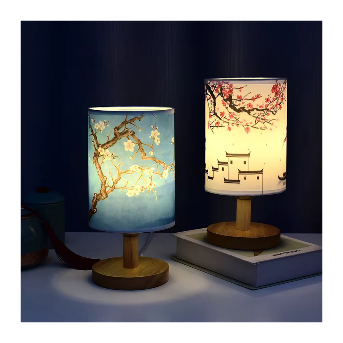Lyfs LED Tischlampe im chinesischen Stil mit Stofflampenschirm und Dimmfunktion in Natur - Bild 1