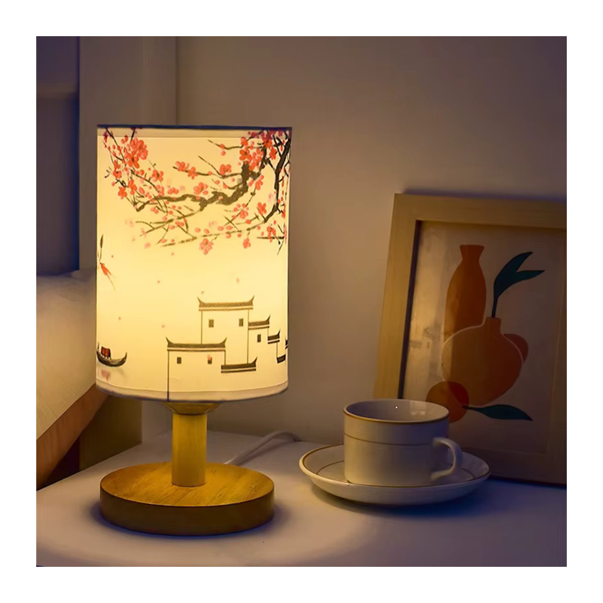 Lyfs LED Tischlampe im chinesischen Stil mit Stofflampenschirm und Dimmfunktion in Natur - Bild 2