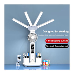 Lyfs LED Tischlampe in Weiß mit integriertem Ventilator und digitaler Uhranzeige, wiederaufladbare Schreibtischlampe im modernen Design