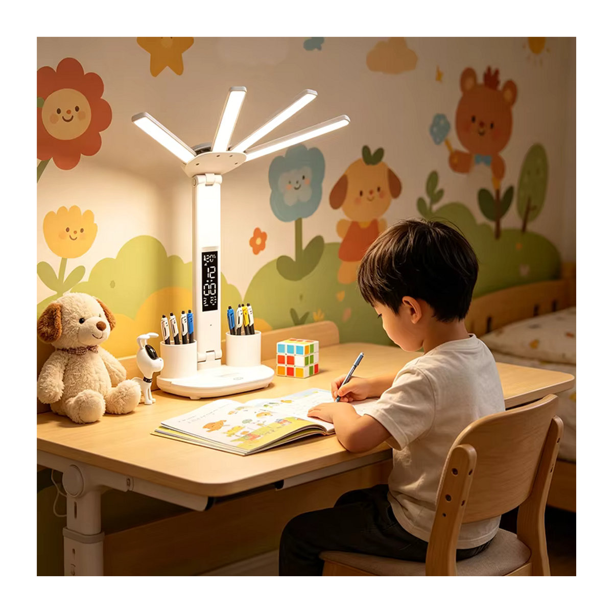 Lyfs LED Tischlampe in Weiß mit integriertem Ventilator und digitaler Uhranzeige, wiederaufladbare Schreibtischlampe im modernen Design - Bild 2