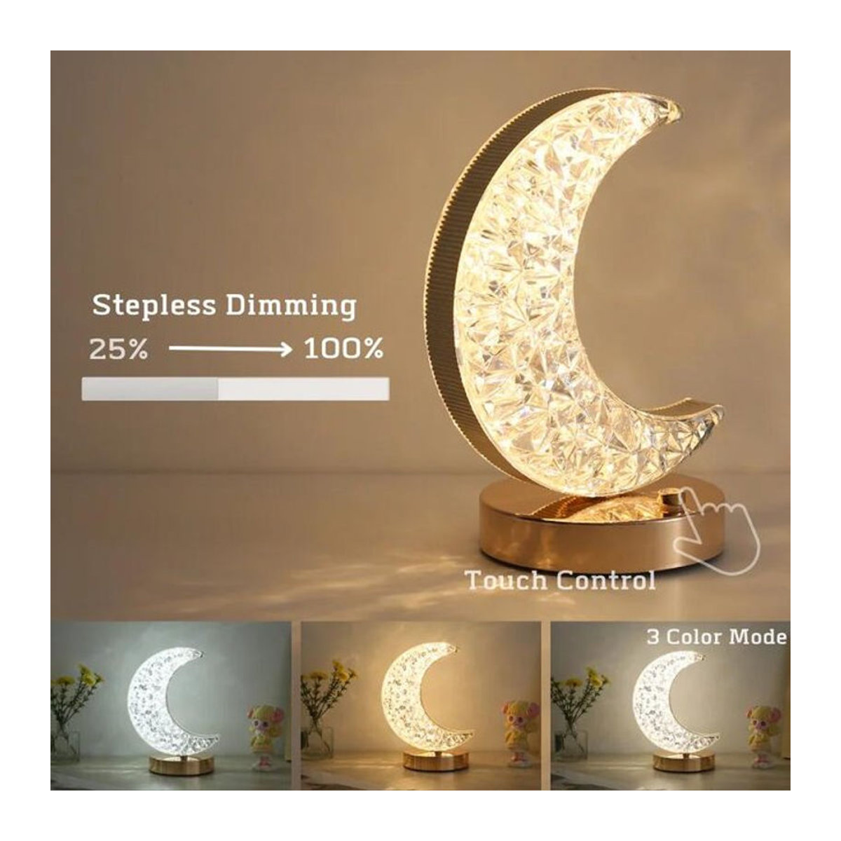 Lyfs Moderne LED Kristall Tischlampe in Silber mit stufenloser Dimmung, Touch-Schalter und Fernbedienung via USB-Aufladung - Bild 1