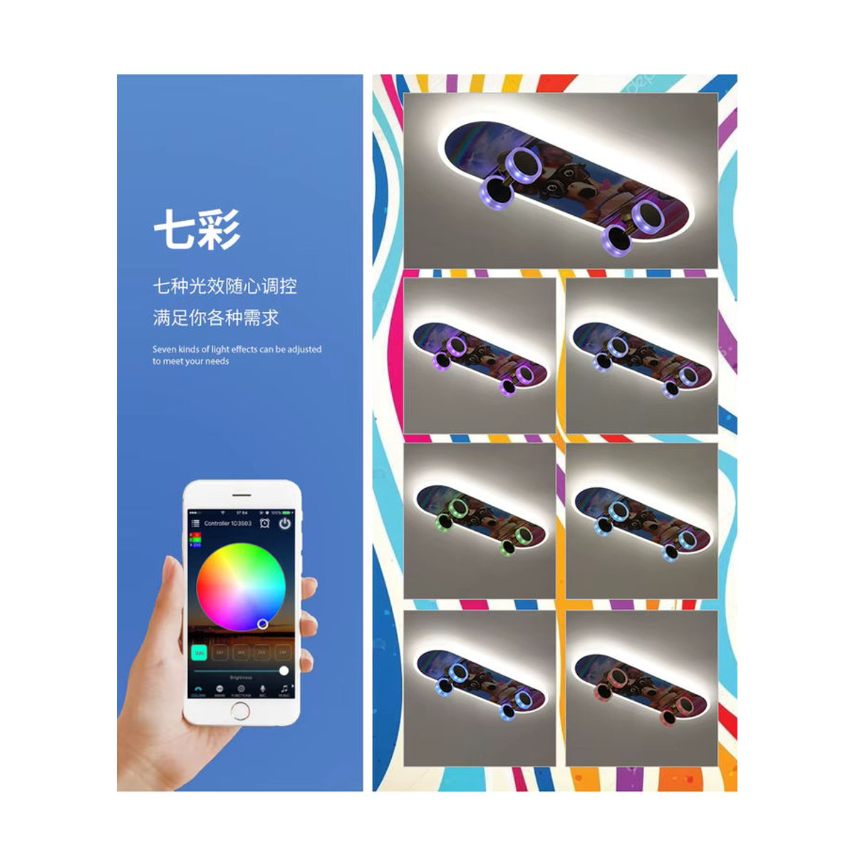 LZPZ RUI Dimmbare LED Skateboard Deckenleuchte in Bunt für Kinderzimmer und Wohnzimmer - Bild 4