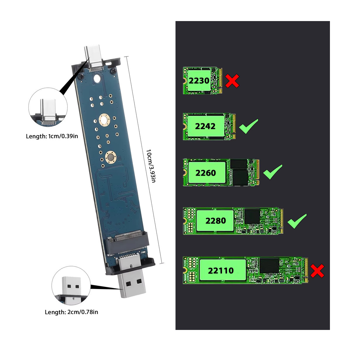 M.2 SSD externes Gehäuse Dual Protokoll für NVMe und SATA, USB Typ C 3.2 Gen 2, 10Gbps/5Gbps, Schwarz - Bild 2