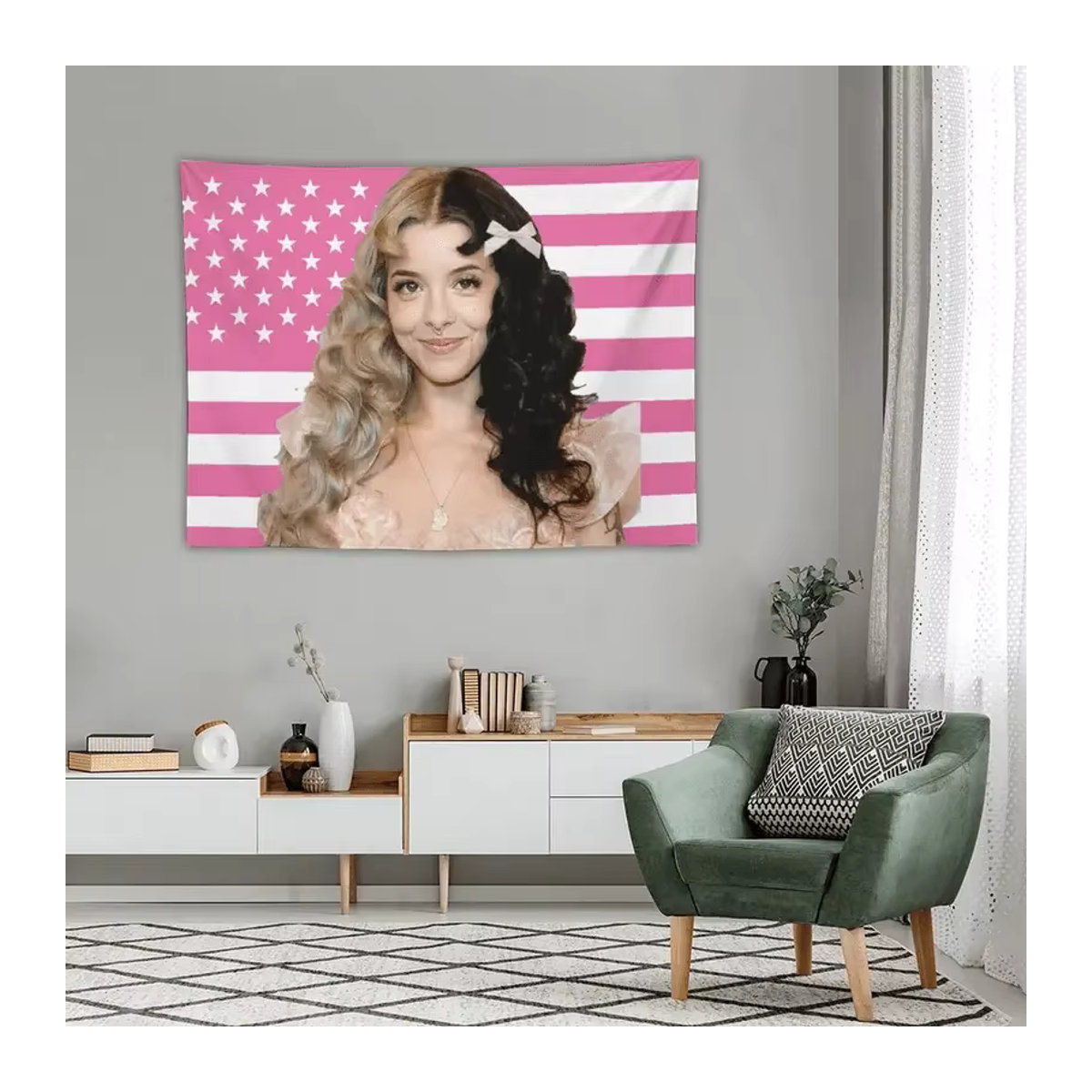 M-Melanie M-Martinez Wandteppich mit amerikanischer Flagge in Rosa und Weiß, rechteckiger Textil-Wandteppich mit Streifen und Sternen - Bild 4