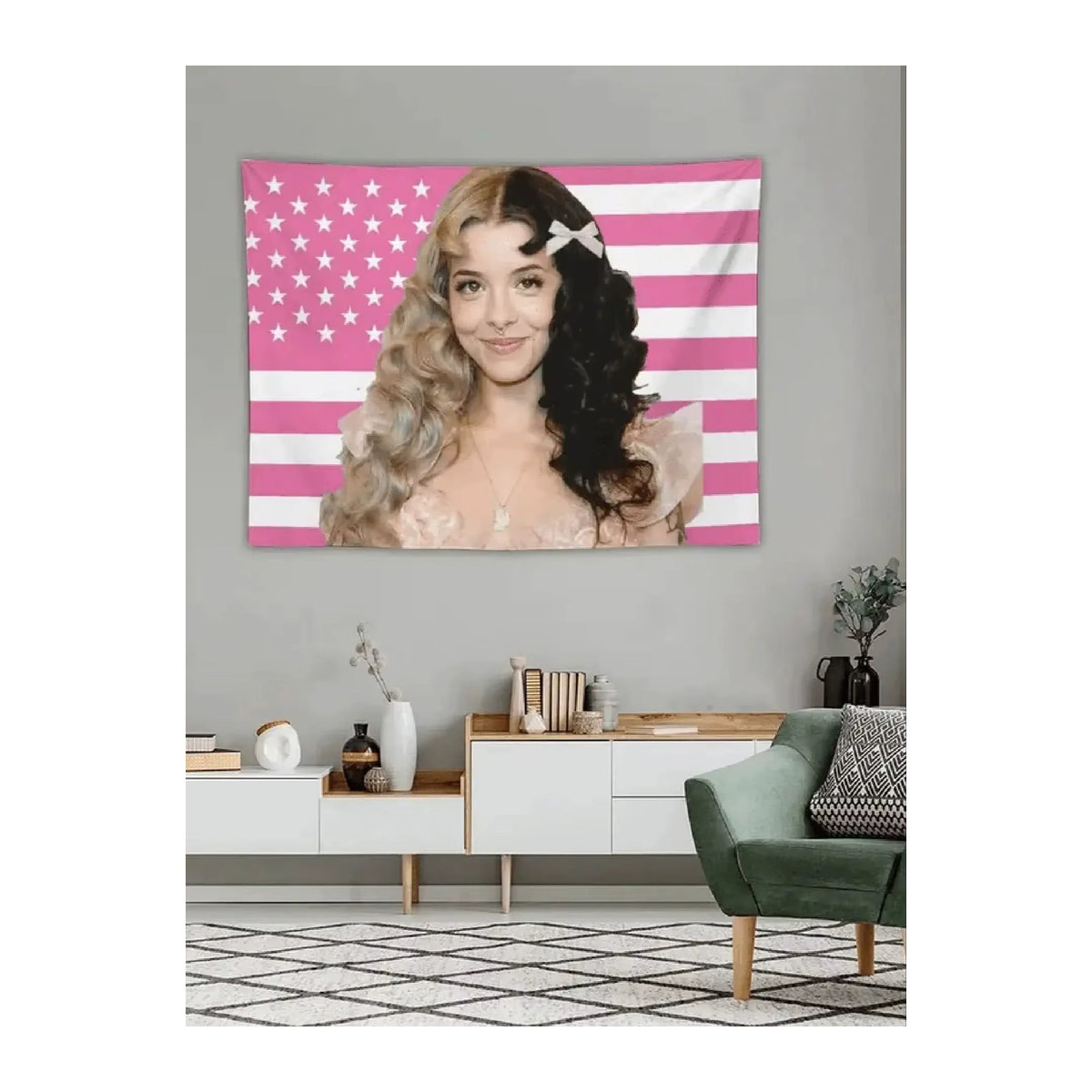 M-Melanie M-Martinez Wandteppich mit amerikanischer Flagge in Rosa und Weiß, rechteckiger Textil-Wandteppich mit Streifen und Sternen - Bild 5