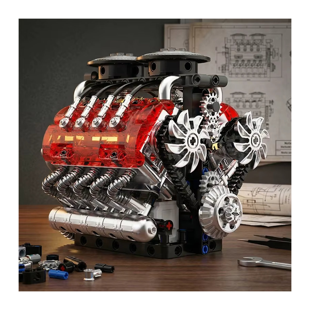 M MENBIS Turbo V8 Motor Modellbausatz aus Kunststoff, Mehrfarbige technische Bausteine für Erwachsene - Bild 2