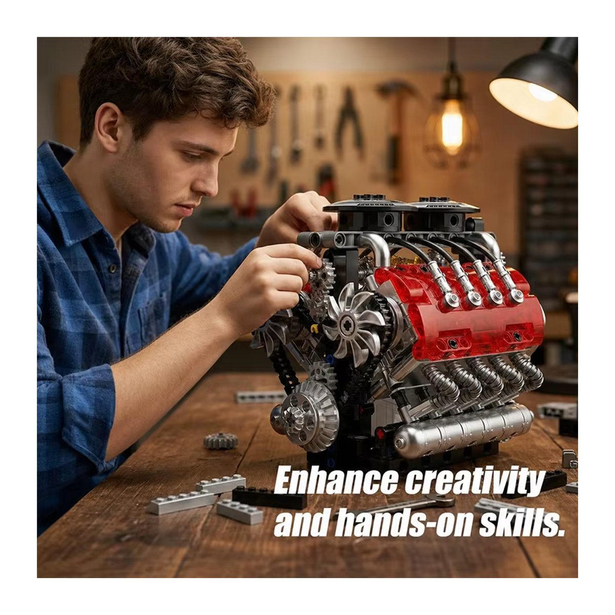 M MENBIS Turbo V8 Motor Modellbausatz aus Kunststoff, Mehrfarbige technische Bausteine für Erwachsene - Bild 3