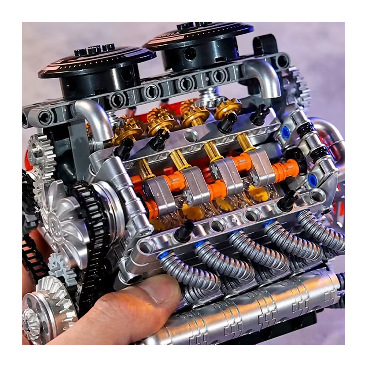 M MENBIS Turbo V8 Motor Modellbausatz aus Kunststoff, Mehrfarbige technische Bausteine für Erwachsene - Bild 4
