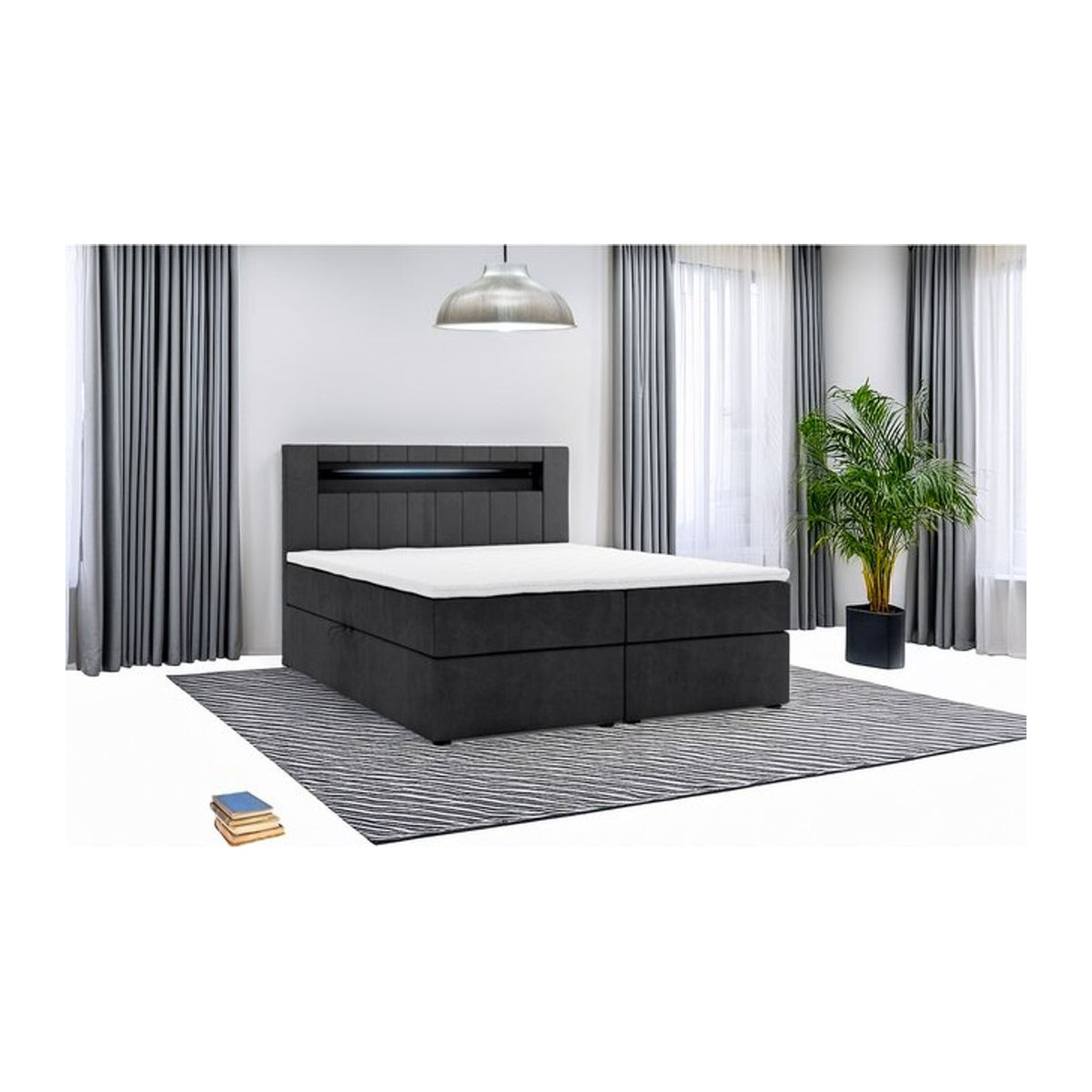 M-Punkt Boxspringbett KUBA mit Bettkasten, Visco Topper und LED in Schwarz aus Webstoff, B/T: 180 x 200 cm - Bild 1