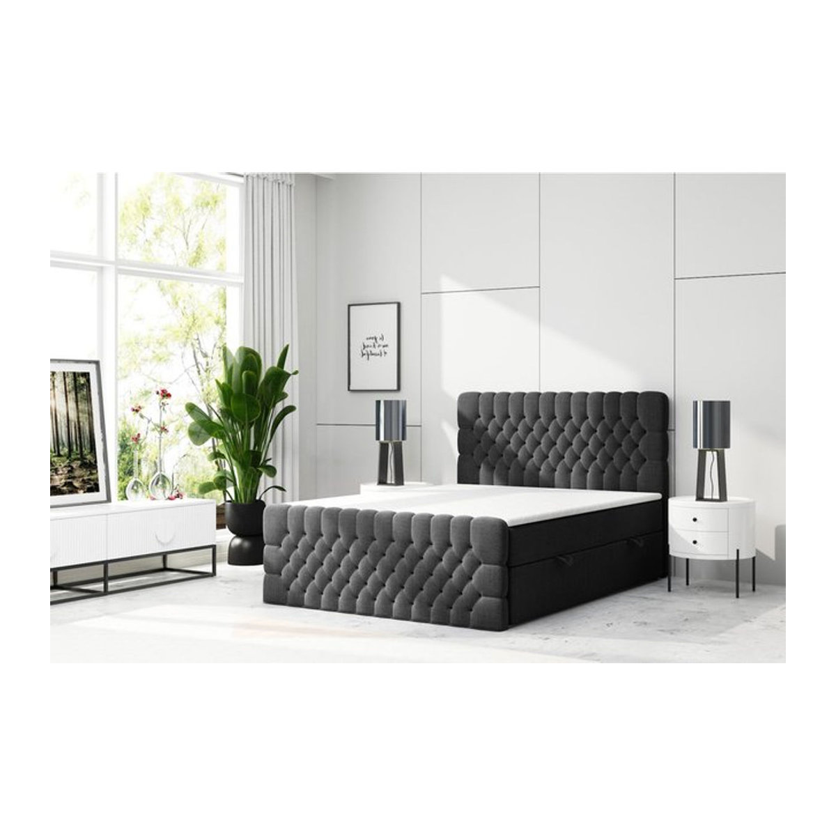 M-Punkt GmbH Boxspringbett OXFORD mit Bettkasten in Schwarz, Modern Chesterfield Design aus Stoff, B/T: 180 x 200 cm - Bild 1