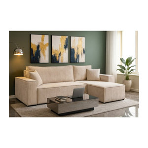 M-Punkt Wohnlandschaft COMO als Ecksofa mit Bett und Ottomane in Cord, Beige, wendbar und modern