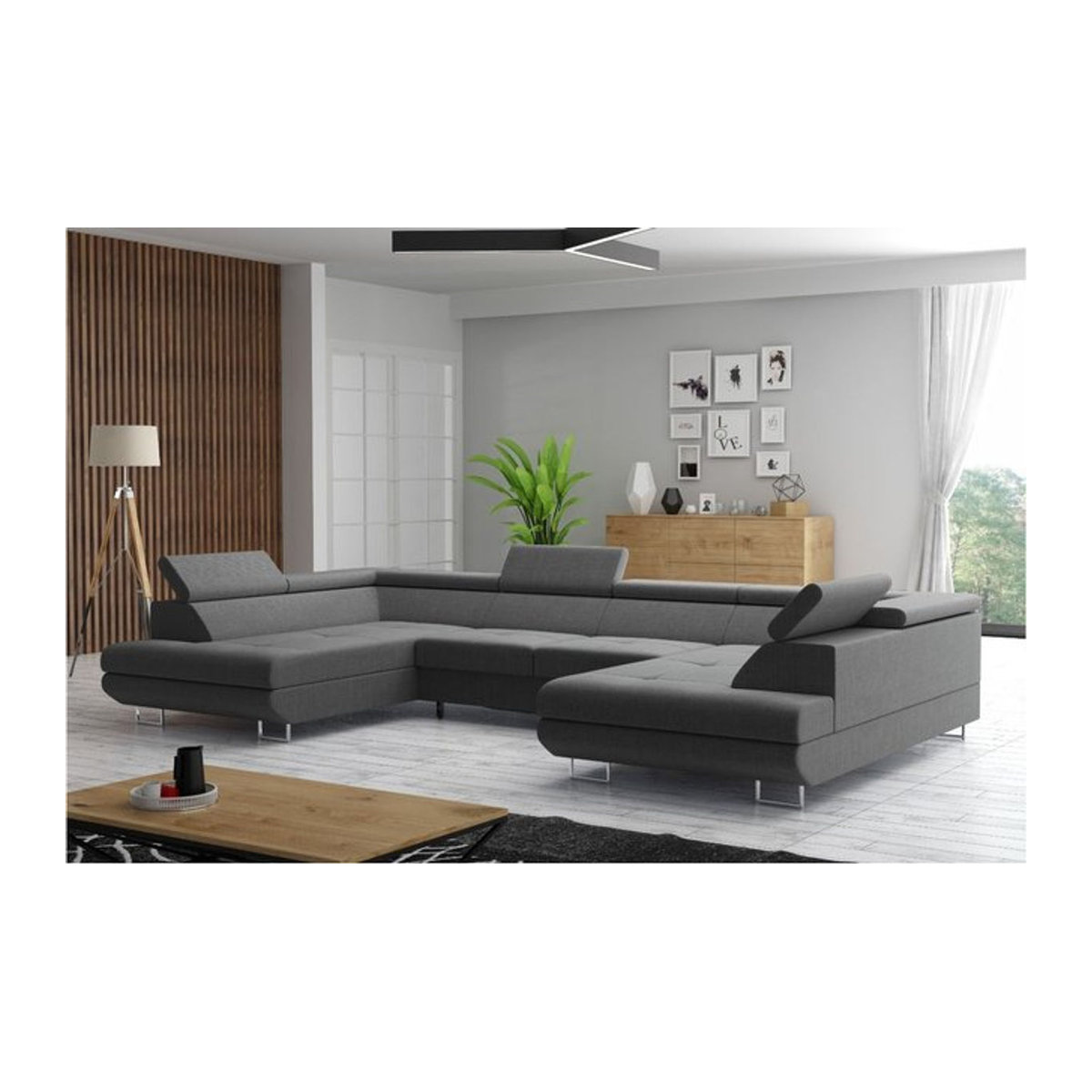 M-Punkt Wohnlandschaft in U-Form als Schlaf- und Ecksofa mit Bettfunktion, Bettkasten und Kopfteilverstellung, Grau, Stoff, Modern - Bild 1