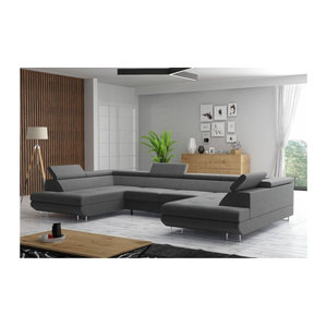 M-Punkt Wohnlandschaft in U-Form als Schlaf- und Ecksofa mit Bettfunktion, Bettkasten und Kopfteilverstellung, Grau, Stoff, Modern