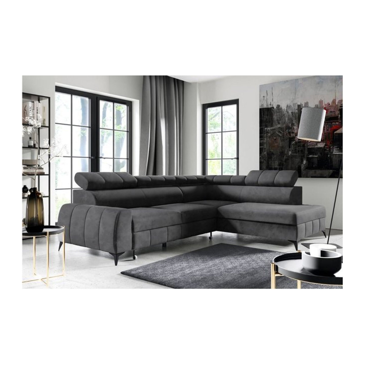 M-Punkt Wohnlandschaft LAGOS Ecksofa als Schlafsofa mit Bettfunktion und Ottomane rechts, Samt Grau Anthrazit - Bild 1
